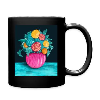 bunter Blumenstrauß in pinkfarbener Vase - Tasse einfarbig - Schwarz - Rechts