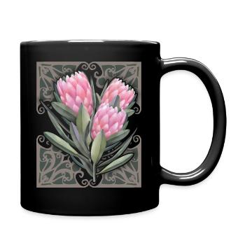 Protea vintage botanische Illustration, Blumen - Tasse einfarbig - Schwarz - Rechts