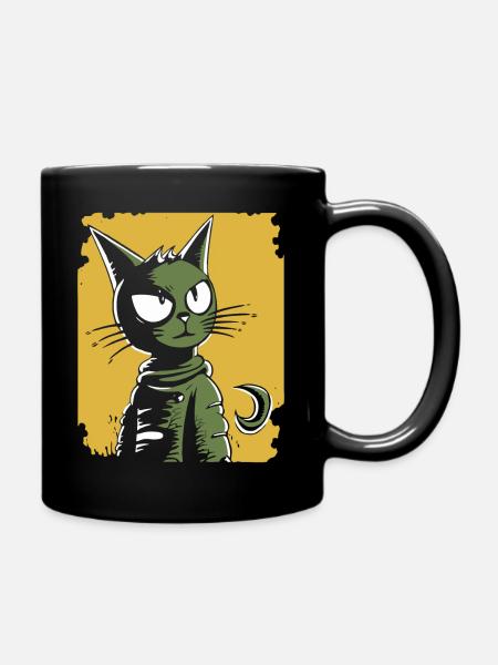 Vintage Retro Cartoon Cat - Full Colour Mug - black