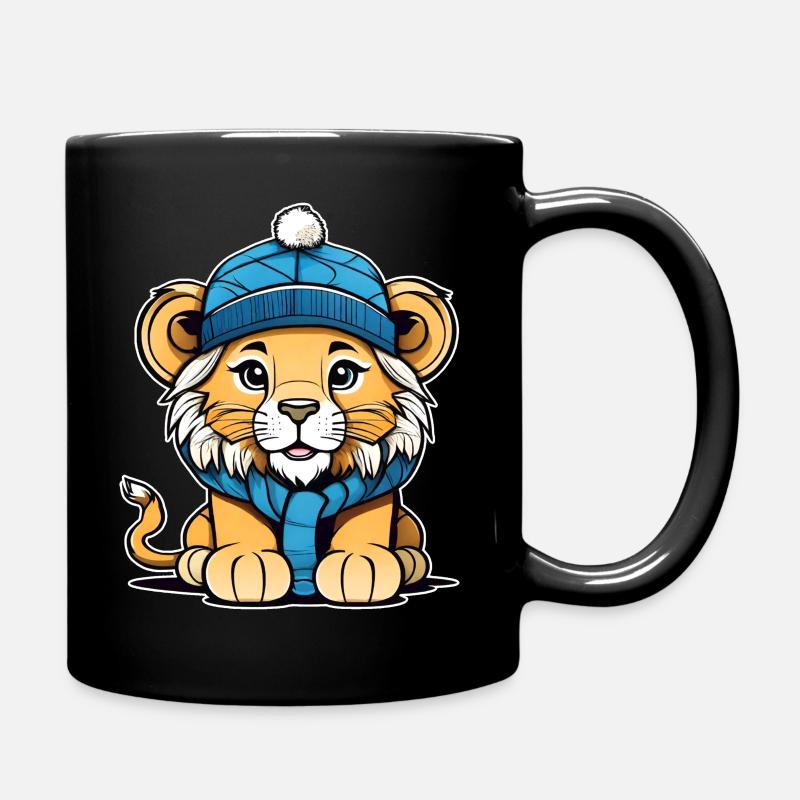 Cute lion cub with winter hat - Full Colour Mug - black