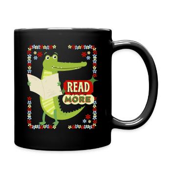 Lesen, Buch, Zeitung, lustiges Krokodil, Spruch - Tasse einfarbig - Schwarz - Rechts