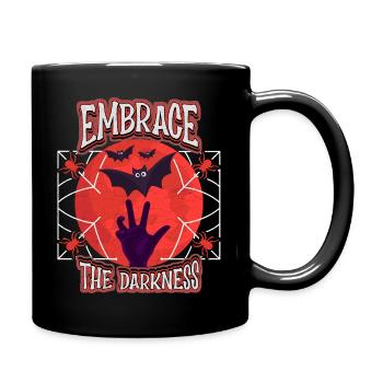 Horror Mond mit Fledermaus und Zombie Hand, Spruch - Tasse einfarbig - Schwarz - Rechts