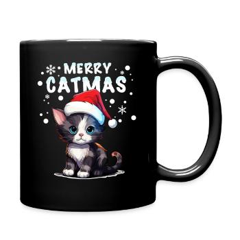 Niedliche Katze im Schnee feiert Weihnachten - Tasse einfarbig - Schwarz - Rechts