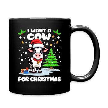 Little cow with cap celebrating Christmas in the snow - Full Colour Mug - black - Right