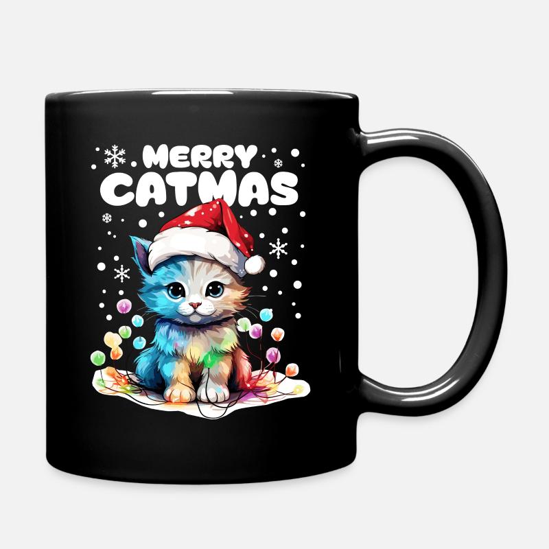 Süße Katze mit Lichterkette feiert Weihnachten - Tasse einfarbig - Schwarz