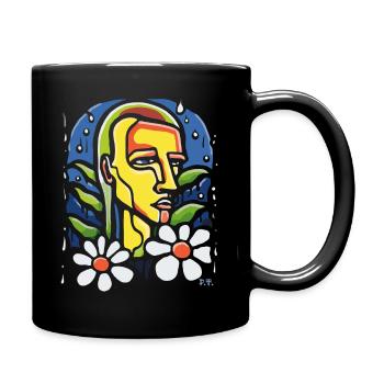 Abstract Portrait and Daisy Flowers - Full Colour Mug - black - Right