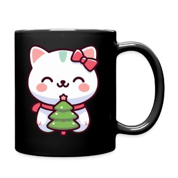Cute cat with Christmas tree and bow - Full Colour Mug - black - Right