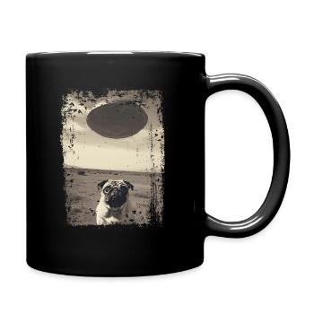 Lustiger Mops Hund mit UFO Retro Vintage Alien - Tasse einfarbig - Schwarz - Rechts