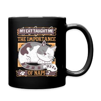 Müde Katze, lustiger Spruch, Cartoon Katze schläft - Tasse einfarbig - Schwarz - Rechts