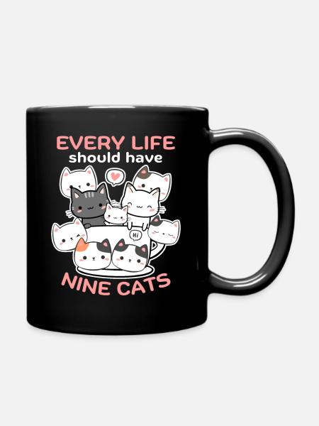Lustige Katzen, Katzen-Spruch, 9 Cartoon-Katzen - Tasse einfarbig - Schwarz