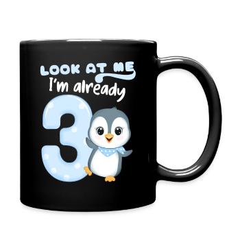 3rd Kids Birthday, 3 Year Old, Kawaii Penguin - Full Colour Mug - black - Right