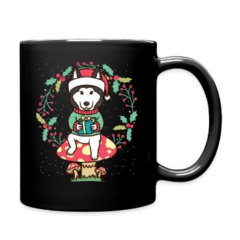 Siberian Husky Dog on Mushroom Christmas Wreath - Full Colour Mug - black - Right