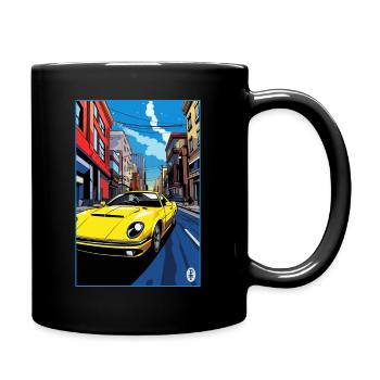 Voiture de sport de dessin animé pop art dans les rues - Mug uni - noir - Droite