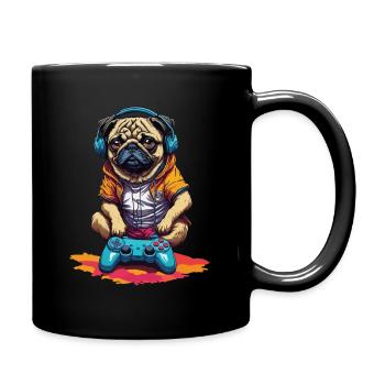 Lustiger Nerd Gaming Mops Hund mit Controller - Tasse einfarbig - Schwarz - Rechts