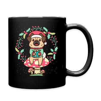 Tibetan Spaniel Dog on Mushroom Christmas Wreath - Full Colour Mug - black - Right