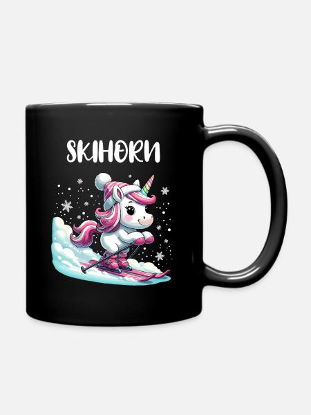 Niedliches Einhorn fährt Ski Skiurlaub Piste Pink - Tasse einfarbig - Schwarz