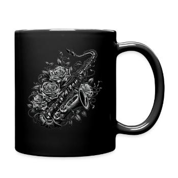 Saxophon mit Rosen und Ranken - Tasse einfarbig - Schwarz - Rechts