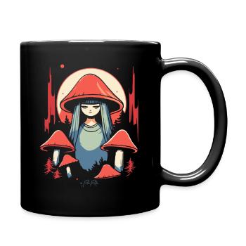 Das Pilzmädchen und Pilze im Wald - Tasse einfarbig - Schwarz - Rechts