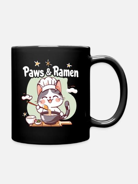 Paws and Ramen Funny Cats Animal Sayings - Full Colour Mug - black