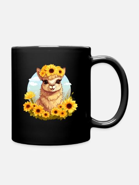 Alpaka mit Sonnenblumen - Tasse einfarbig - Schwarz