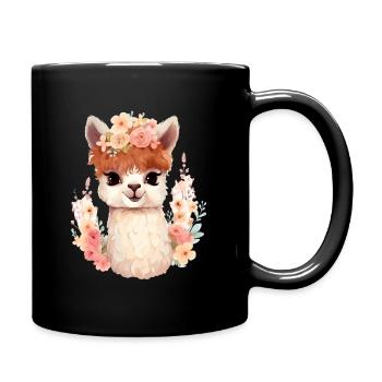 Alpaka mit Blumen - Tasse einfarbig - Schwarz - Rechts