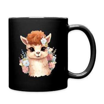 Alpaka mit Blumen - Tasse einfarbig - Schwarz - Rechts