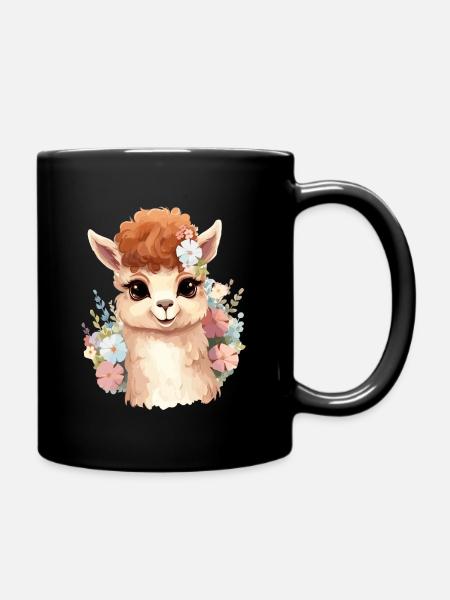 Alpaka mit Blumen - Tasse einfarbig - Schwarz