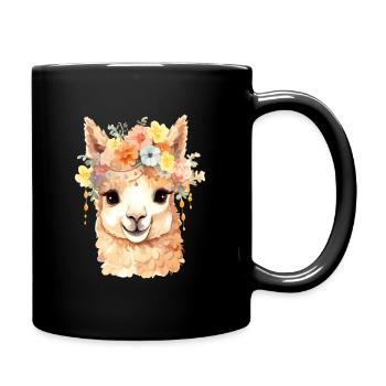 Alpaka mit Blumen - Tasse einfarbig - Schwarz - Rechts