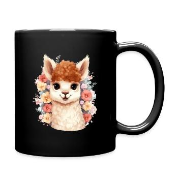 Alpaka mit Blumen - Tasse einfarbig - Schwarz - Rechts