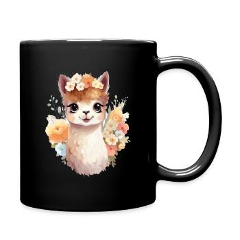 Alpaka mit Blumen - Tasse einfarbig - Schwarz - Rechts