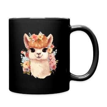 Alpaka mit Blumen - Tasse einfarbig - Schwarz - Rechts
