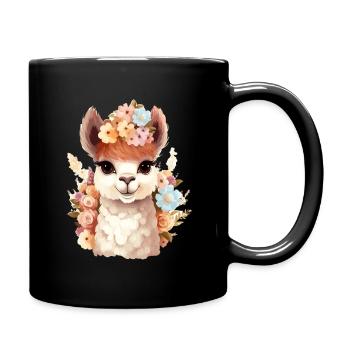 Alpaka mit bunten Blumen - Tasse einfarbig - Schwarz - Rechts