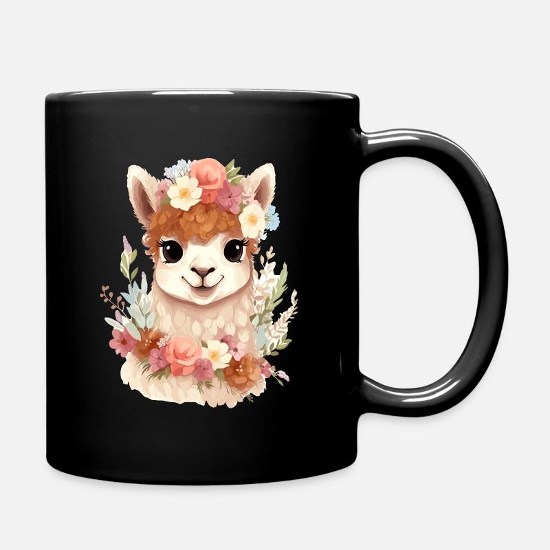 Alpaca with flowers - Full Colour Mug - black
