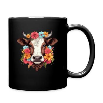 Kuh mit bunten Blumen - Tasse einfarbig - Schwarz - Rechts