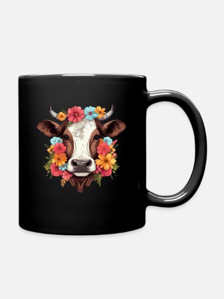 Kuh mit bunten Blumen - Tasse einfarbig - Schwarz