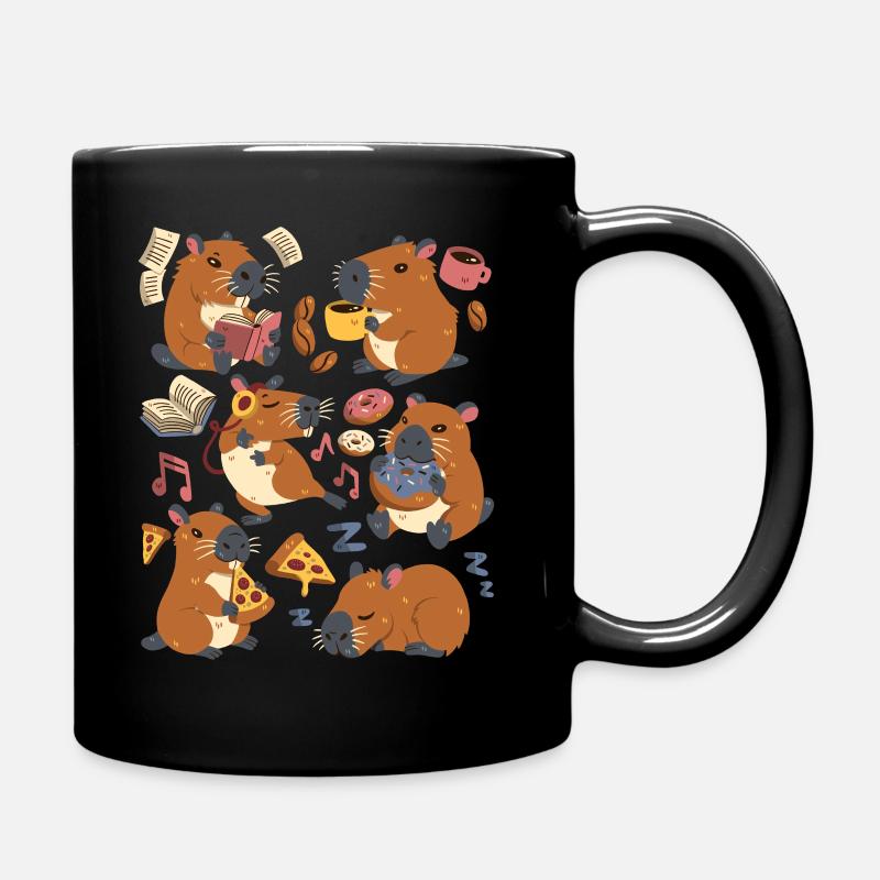 Capybara: Pizza, Kaffee, Donut, Musik, Buch lesen - Tasse einfarbig - Schwarz