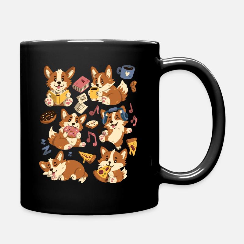 Corgi: Kaffee, Pizza, Donut, Musik, Buch lesen - Tasse einfarbig - Schwarz