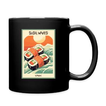 Parodie japanisches Werbeplakat: Wellen von Sushi - Tasse einfarbig - Schwarz - Rechts