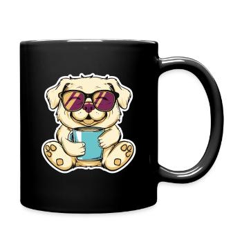 Mops mit Sonnenbrille und Kaffeetasse - Tasse einfarbig - Schwarz - Rechts