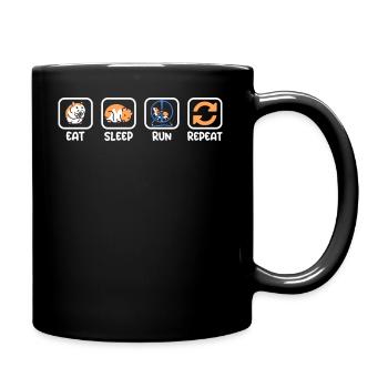 Essen, Schlafen, Rennen Und Wiederholen - Tasse einfarbig - Schwarz - Rechts