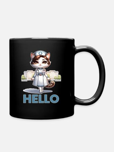 Hello Cat Nurse, Whimsical Feline Healthcare - Full Colour Mug - black