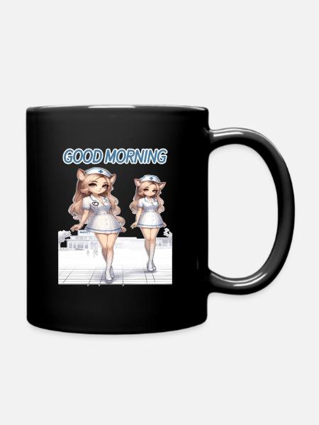 Good Morning, Cheerful Anime Nurse Duo - Full Colour Mug - black