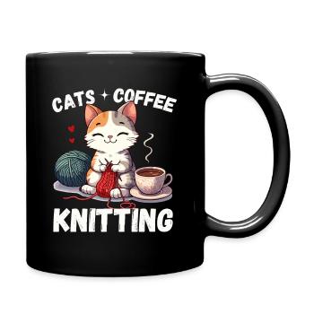 Katze Kaffee Stricken Stricknadel Handarbeit Wolle - Tasse einfarbig - Schwarz - Rechts