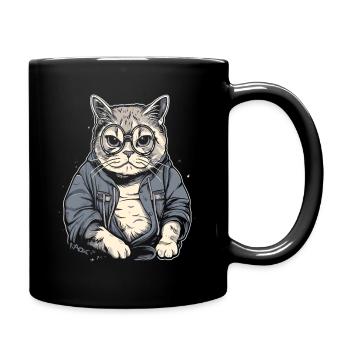 Elderly, intelligent granny or grandpa cat with glasses - Full Colour Mug - black - Right