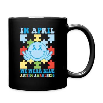 Autism Awareness in April We Wear Blue - Full Colour Mug - black - Right