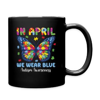 Autism Awareness in April We Wear Blue - Full Colour Mug - black - Right