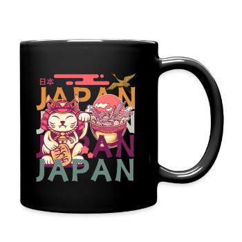 Shogun-Katze, winkende Pfote, Ramen und Kranich - Tasse einfarbig - Schwarz - Rechts