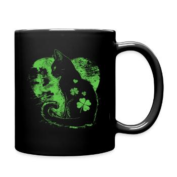 Glückliche Schwarze Katze und Kleeblatt - Tasse einfarbig - Schwarz - Rechts