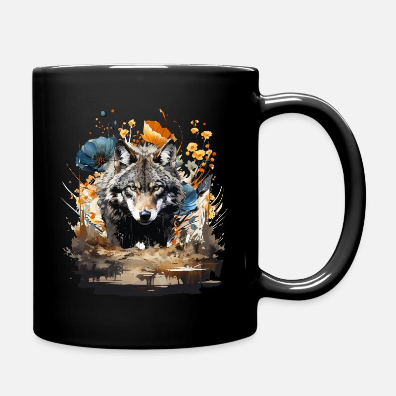 Wolf mit Vintage Blumen - Tasse einfarbig - Schwarz