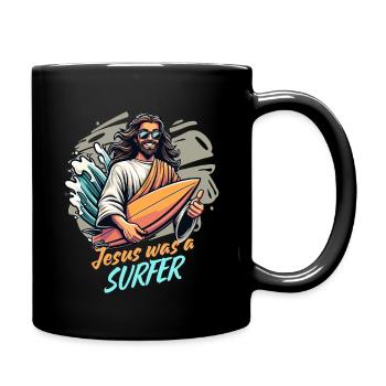 Surfer Surfing Urlaub Meer Jesus Surfboard Lustig - Tasse einfarbig - Schwarz - Rechts